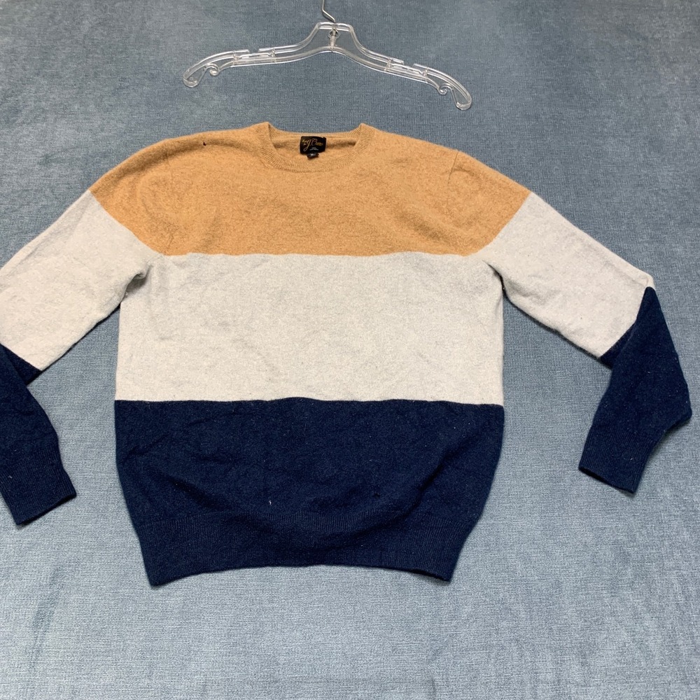 J.Crew Sweater Mens Medium Tan Gray Navy Striped Long Sleeve Winter Crew Neck